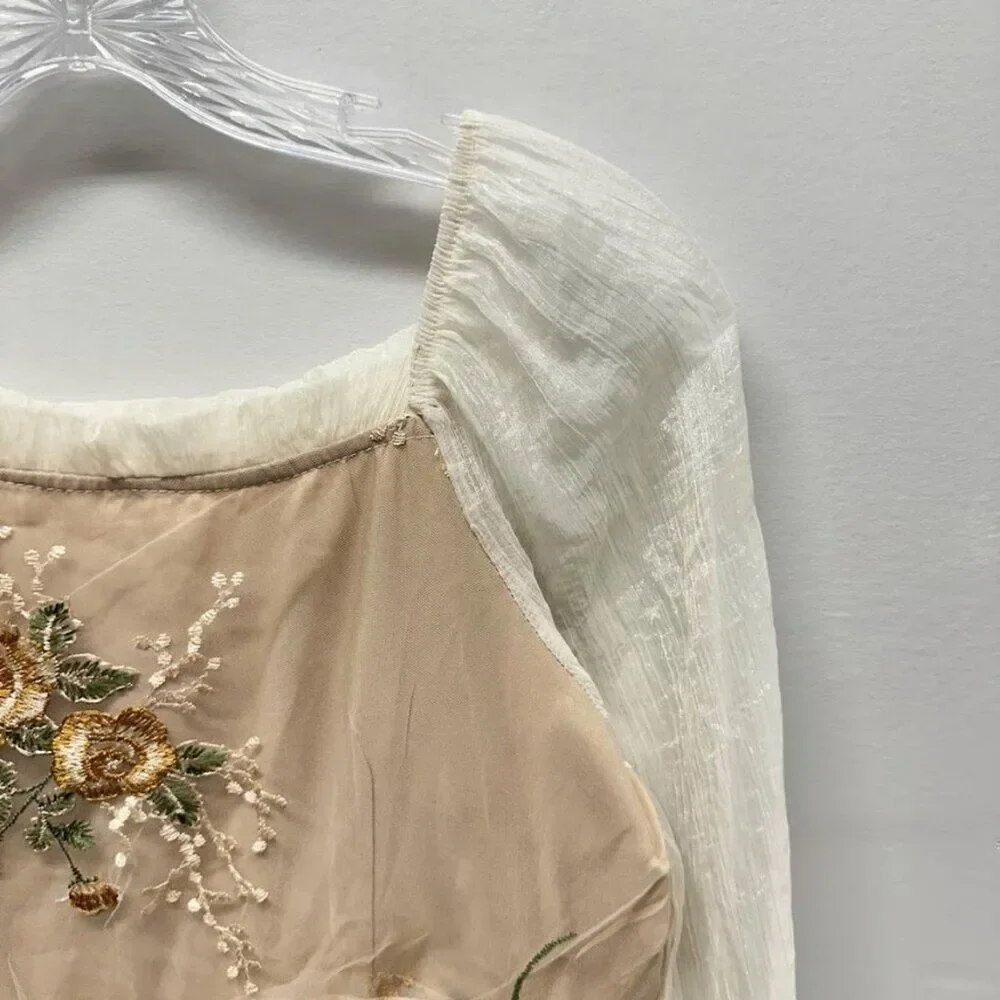 Maizishule Beige Floral Embroidered Midi Dress | Boho Sheer Long Sleeve Size L - Picture 4 of 16